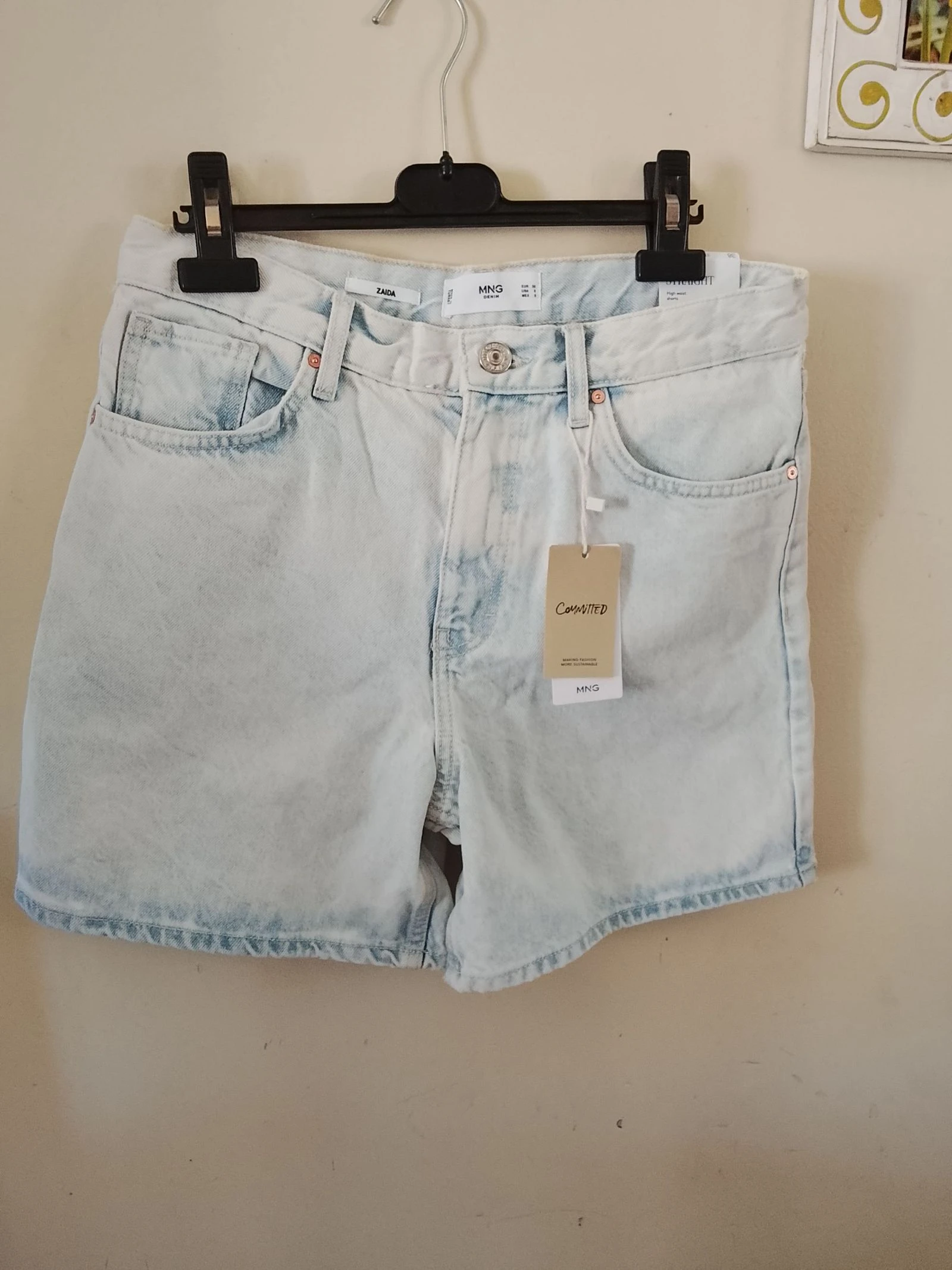 👒 Nieuw met etiket Mango Maat 38 Korte rechte hoge taille lichtblauw verbleekt effect nieuwe prijs 39 e 👒 – photo 3
